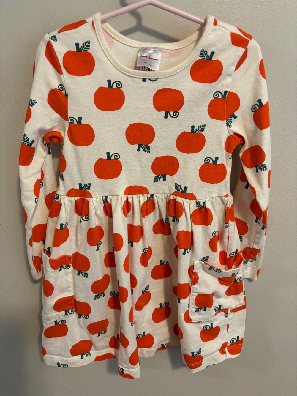 Hanna Andersson Girls Size 4 100 Pumpkin Print Pocket Dress Long Sleeve
